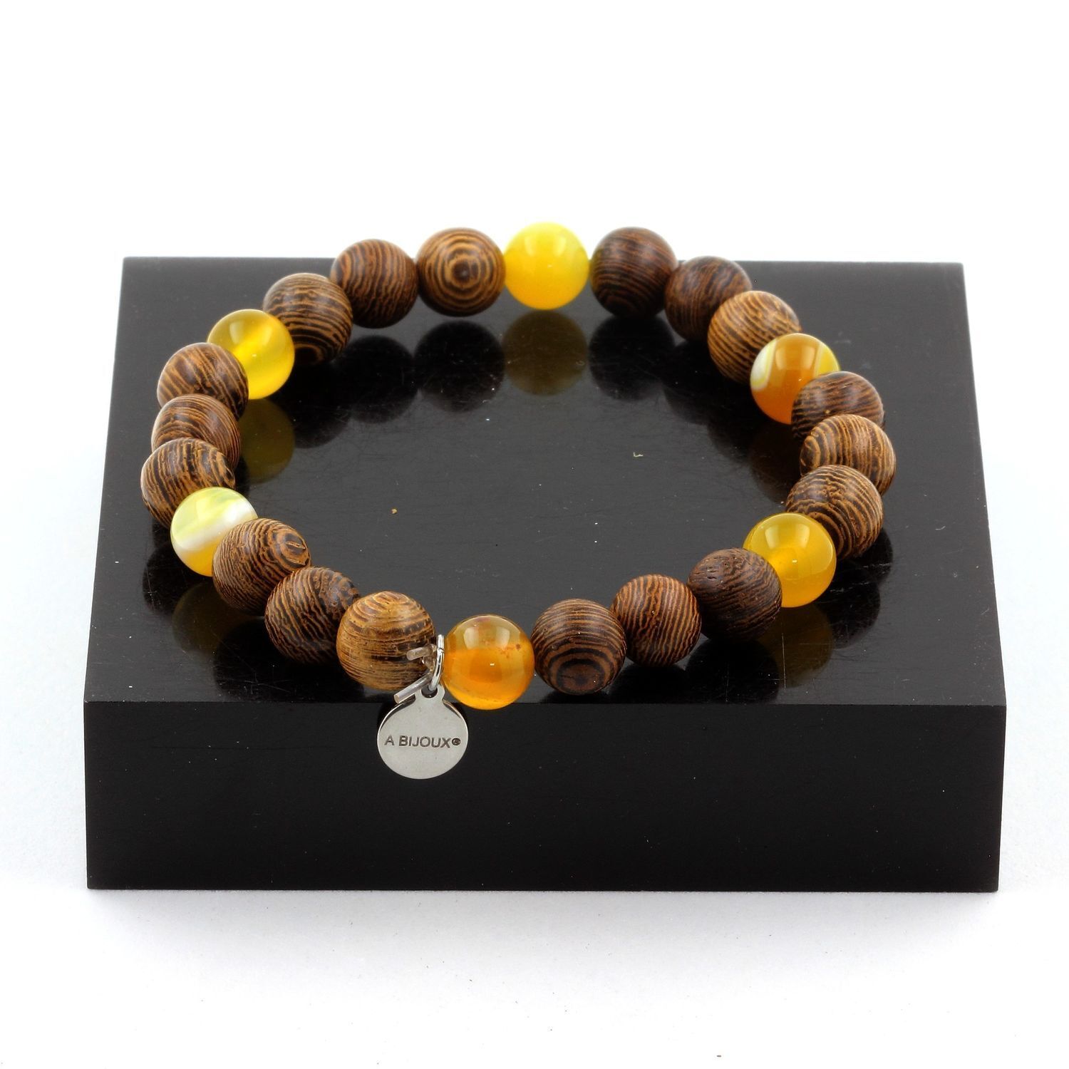 Braccialetto Perle Sardonyx Giallo + Legno 8 Mm. Fatto IN Francia