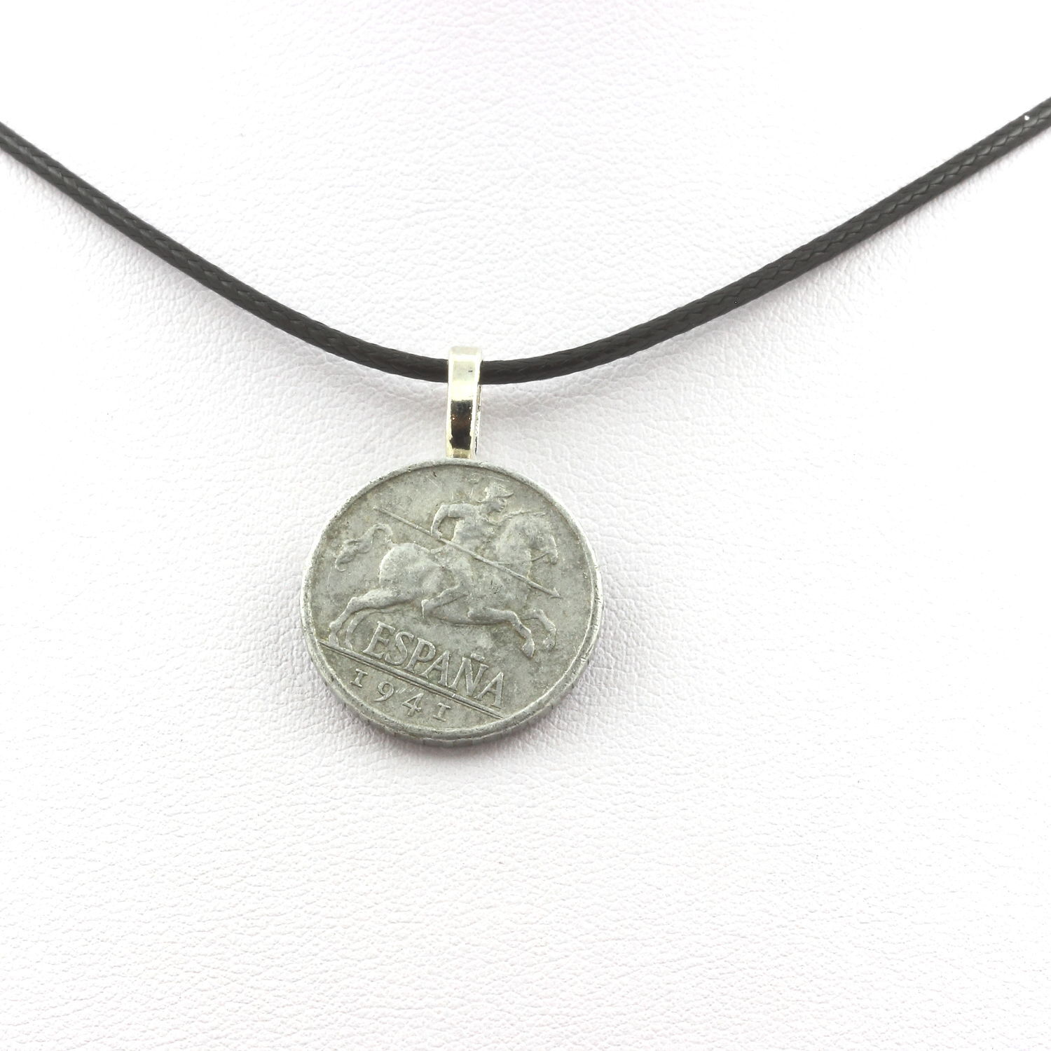 Collana Moneta Spagna 5 Centesimi Ponticello Ibérique. Cordino Nero
