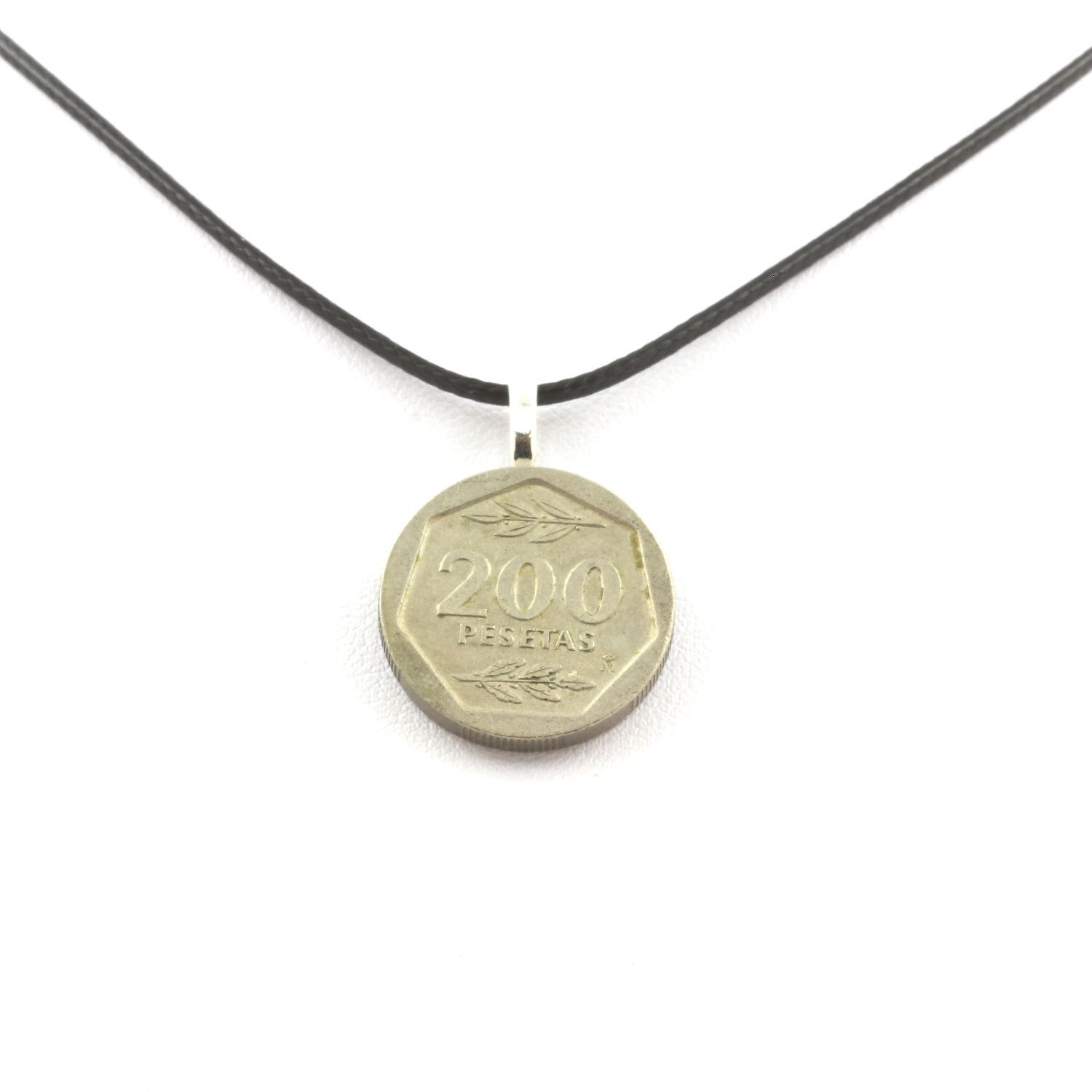 Collana Moneta Spagna 200 Pesetas Juan Carlos I.Cordino Nero