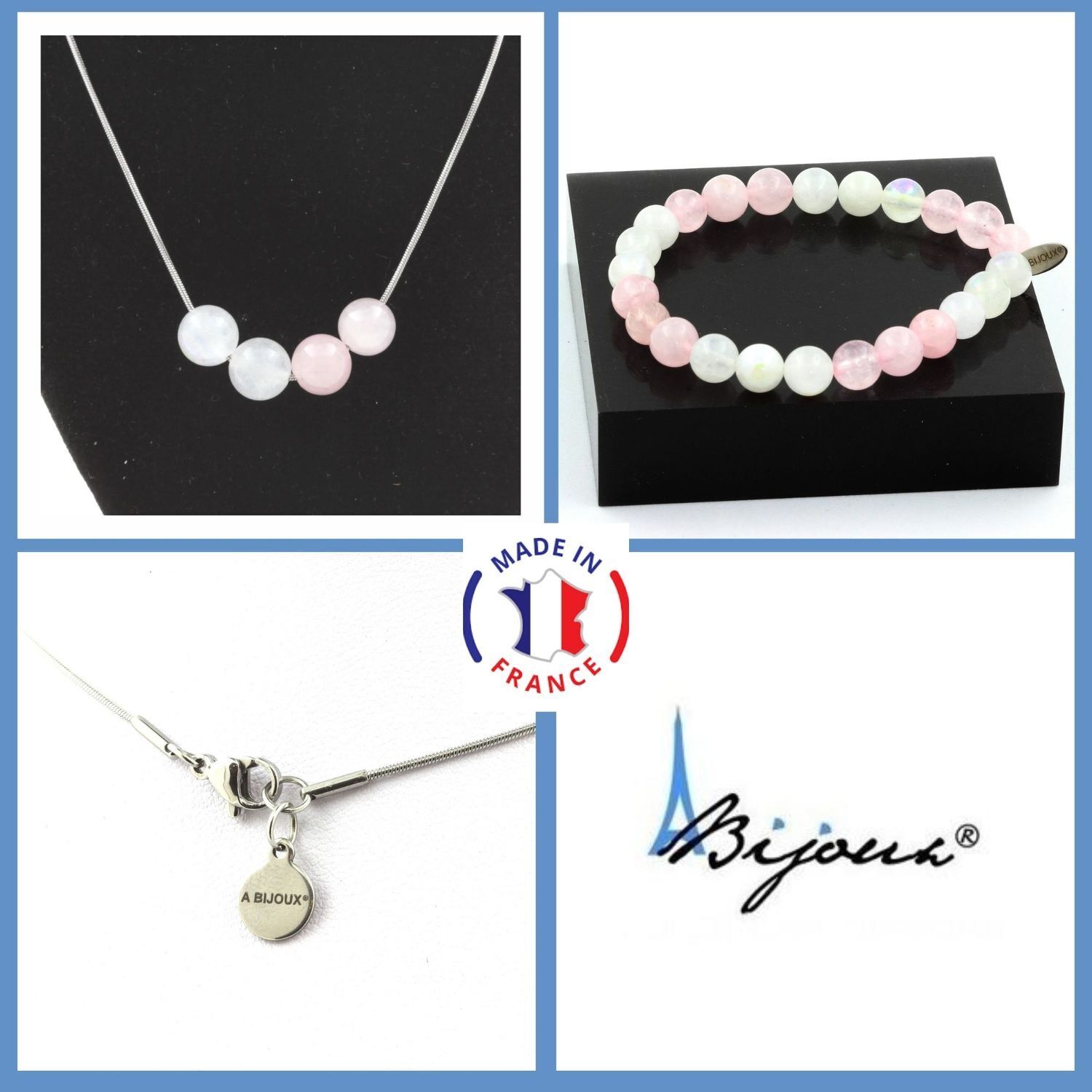 Parure Gioielli Braccialetto Collana 4 Perle Quarzo Rosa + Pietra di Luna 8 UK P