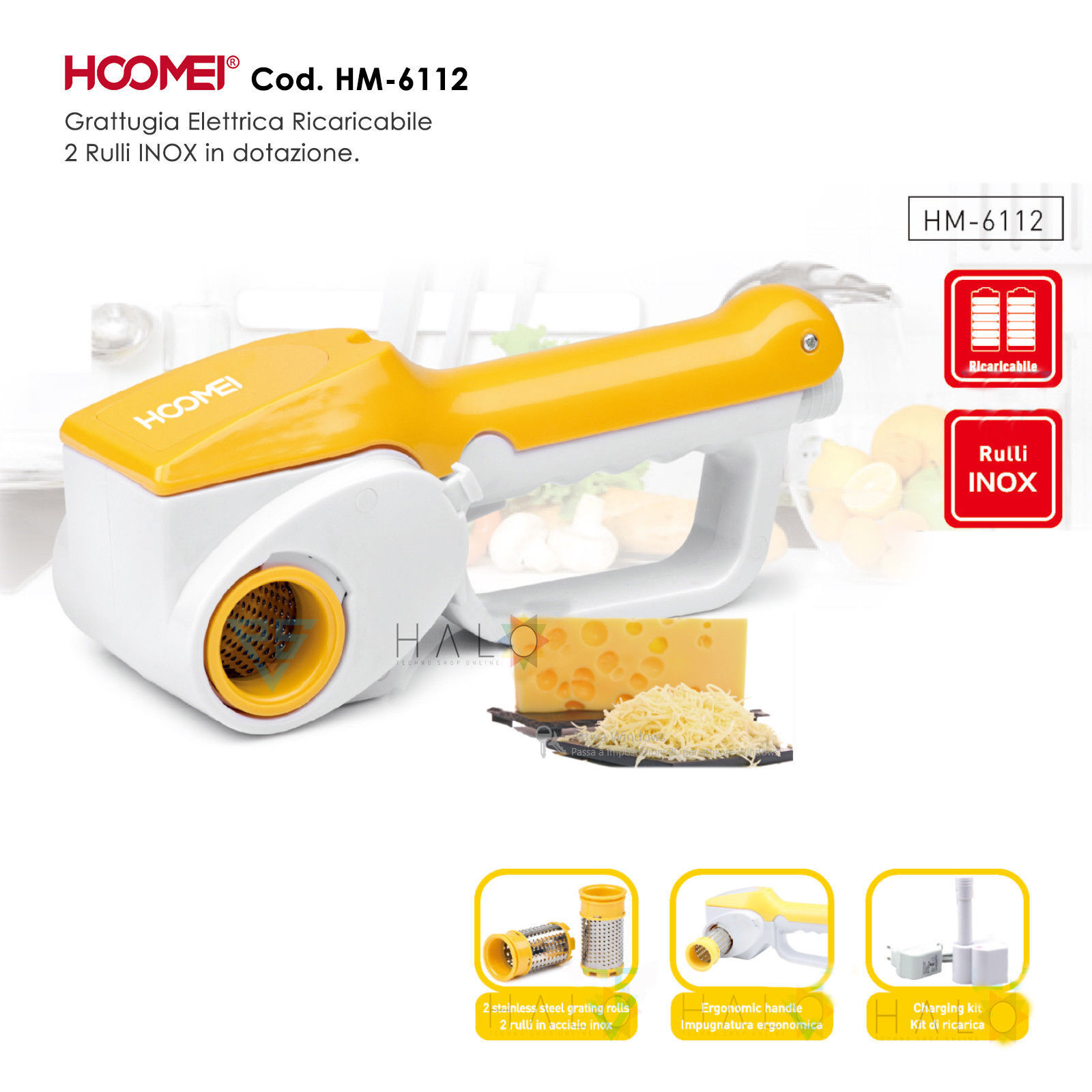 Grattugia elettrica per Formaggio da tavola Rulli in Acciaio INOX Hoomei HM-6112