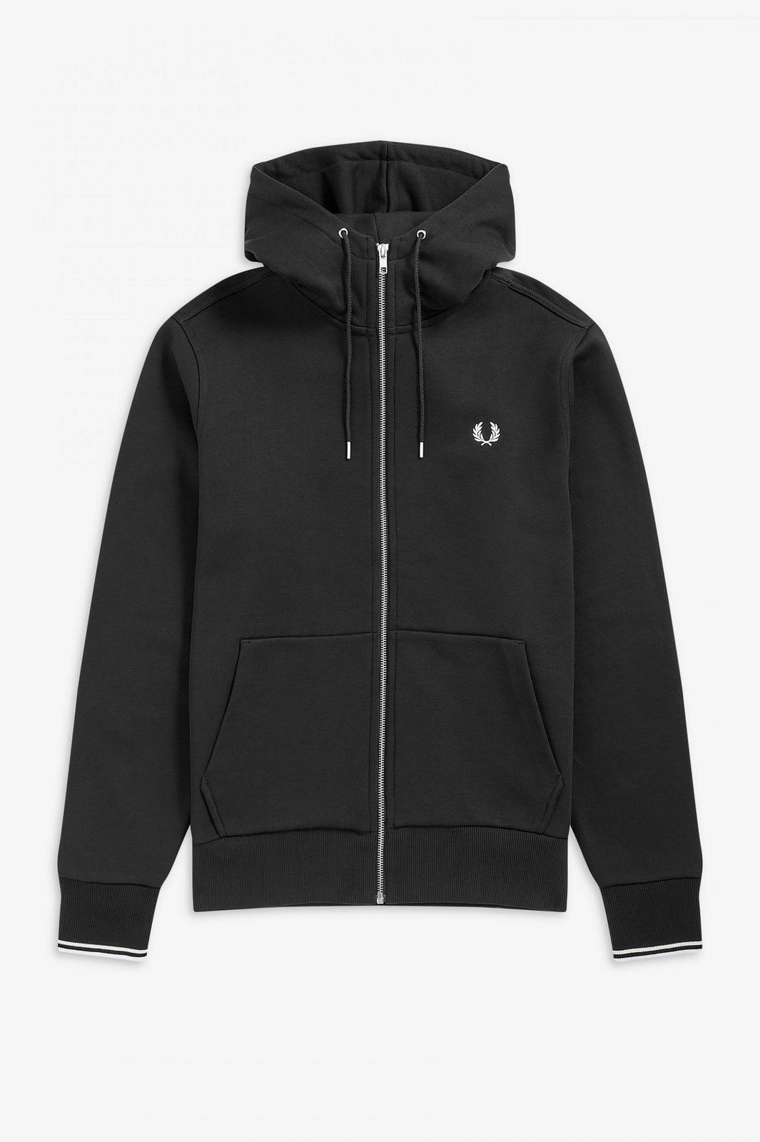 Fred Perry Felpa Cappuccio E Zip Intera Nero - Taglia L Abbigliamento Uomo Felpe