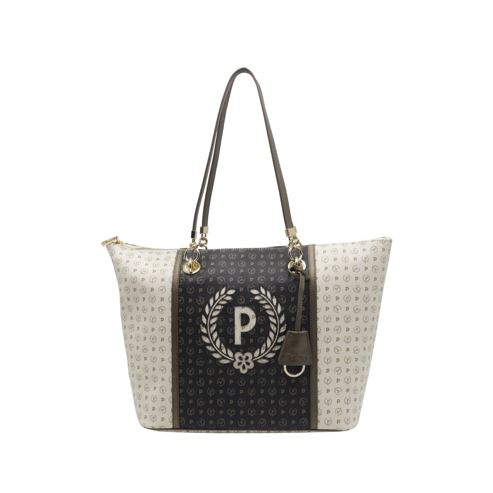 Pollini Borsa a spalla Heritage Monogram con Logo Nero e Avorio