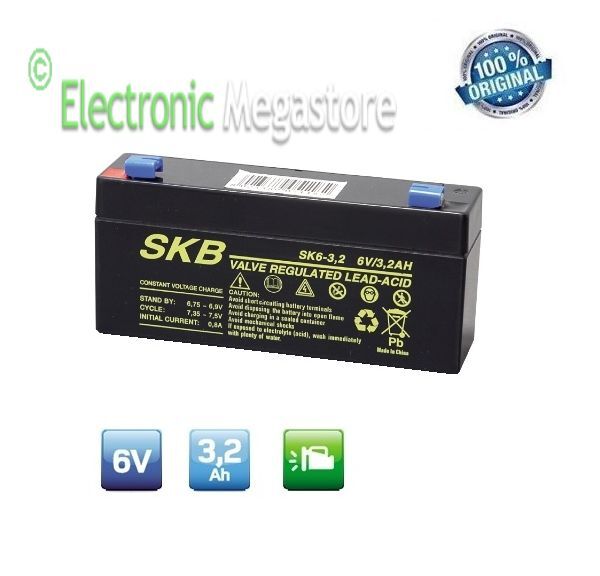 BATTERIA AL PIOMBO RICARICABILE SKB 6V 3.2AH ORIZZONTALE FASTON 4.8MM 38620305
