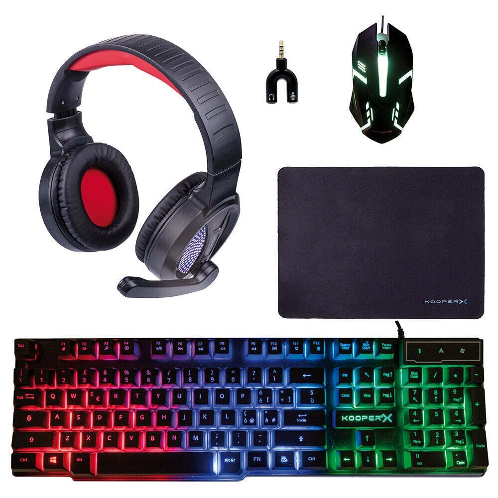SET  KOOPER GAMING MOUSE, TAPPETINO, CUFFIE, DOPPIO SPLITTER E TASTIERA