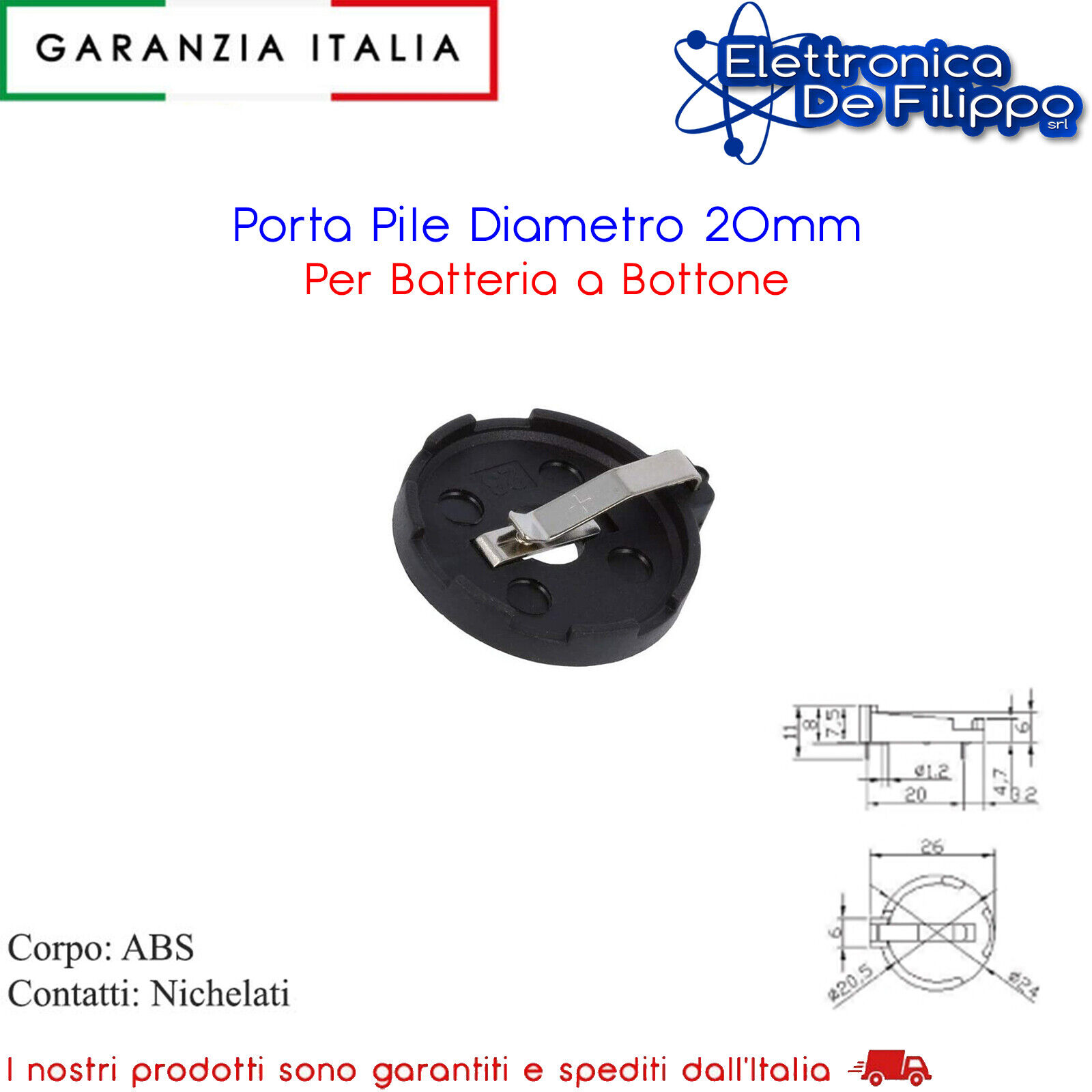 Porta Pile Diametro 20mm Per Batteria a Bottone
