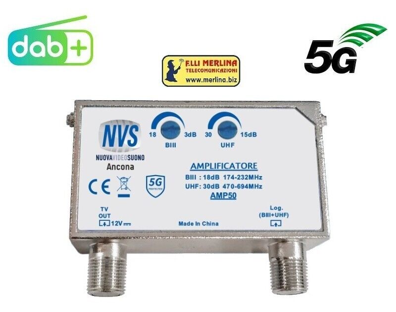 NVS AMP50 Amplificatore da palo 2 Ingressi vhf/uhf  30DB reg. DAB+  5G FILTER