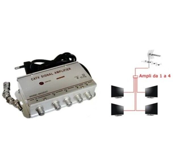 AMPLIFICATORE +20 DB ANTENNA TV DIGITALE TERRESTRE DVB-T2 SDOPPIATORE 4 USCITE