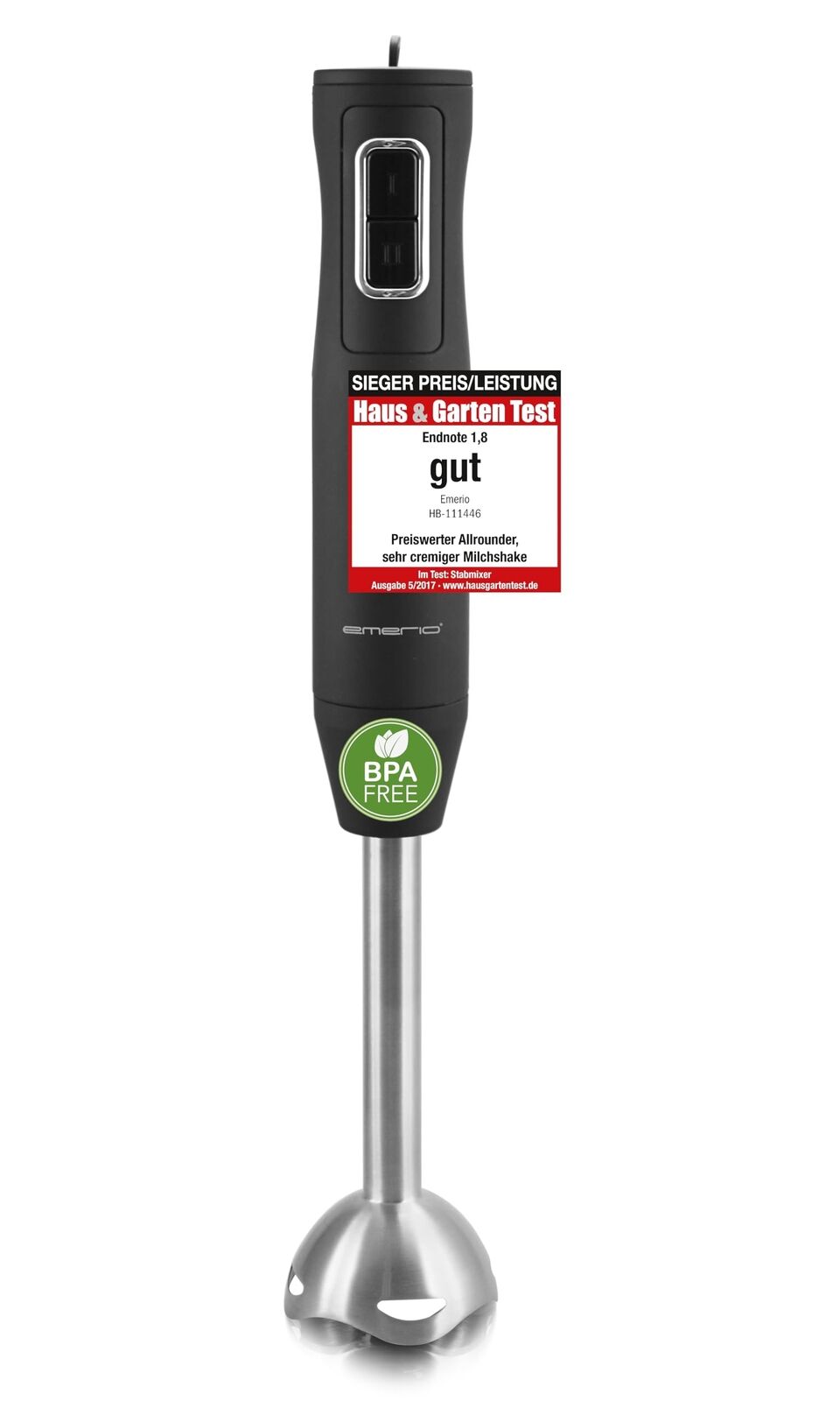 `Emerio Stabmixer,gummiert,Edelstahlstab,2 Geschwin` ACC NUOVO
