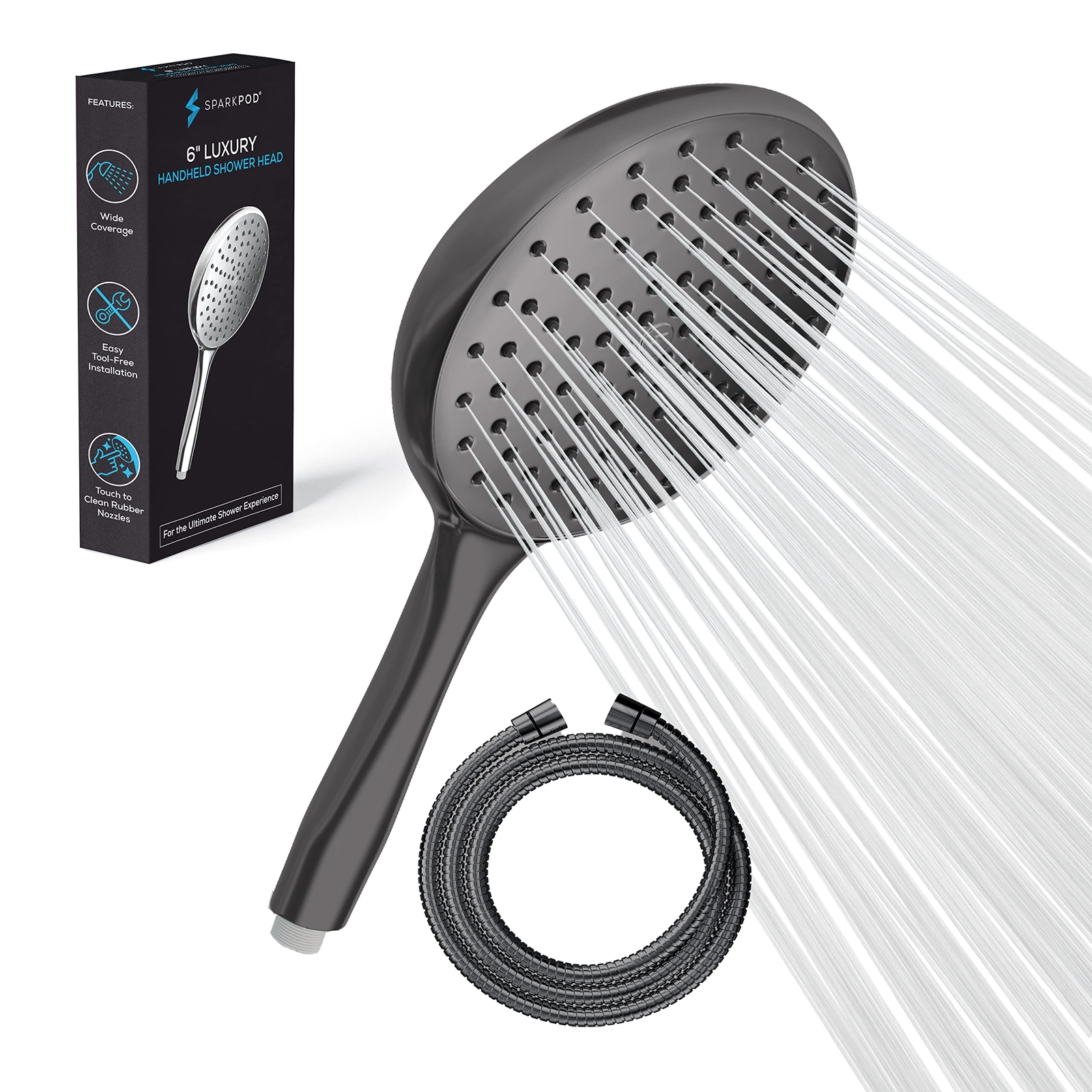 SparkPod High Pressure Handheld Shower Head + 6`` Hose Grey NUOVO