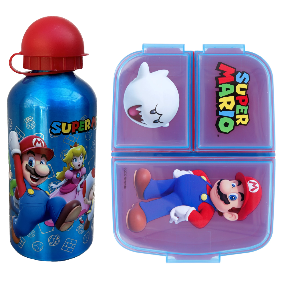 SET BORRACCIA IN ALLUMINIO E PORTAMERENDA MULTISCOMPARTO SUPER MARIO 2 PEZZI