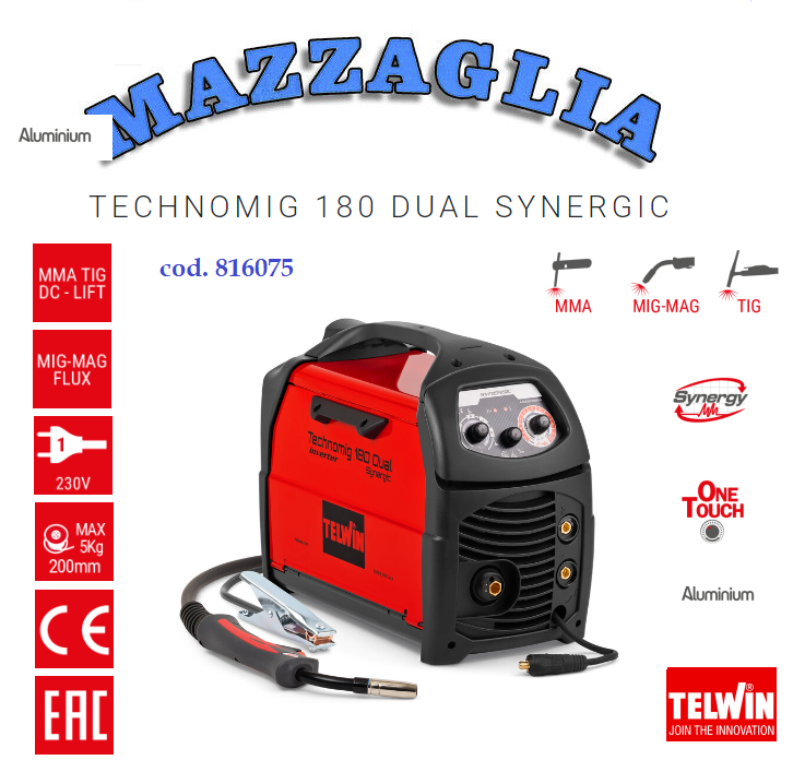 TELWIN TECHNOMIG 180 DUAL SYNERGIC SALDATRICE INVERTER A FILO 230V 816075