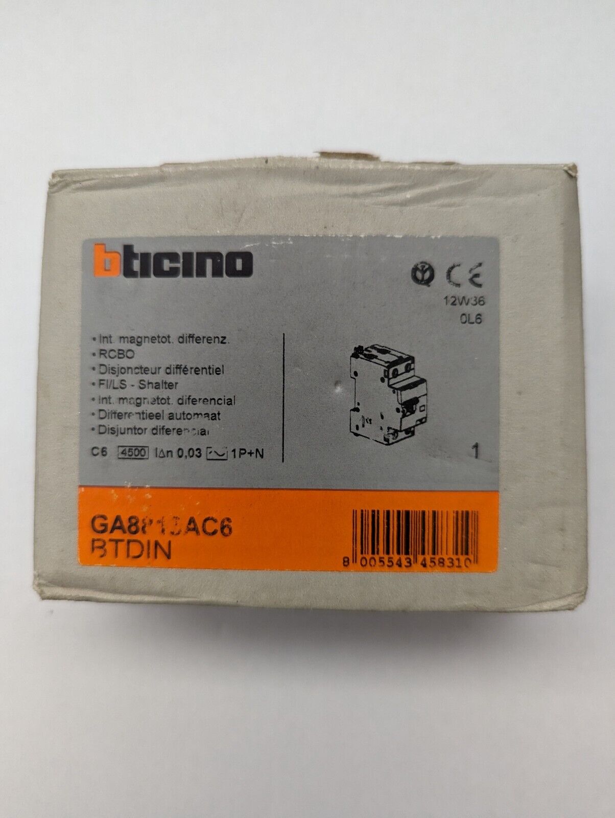 BTICINO GA8813AC6 INTER AUTOMATICO MAGNETOTER DIFF TIPO AC 1P+N 6A 4,5KA 30MA