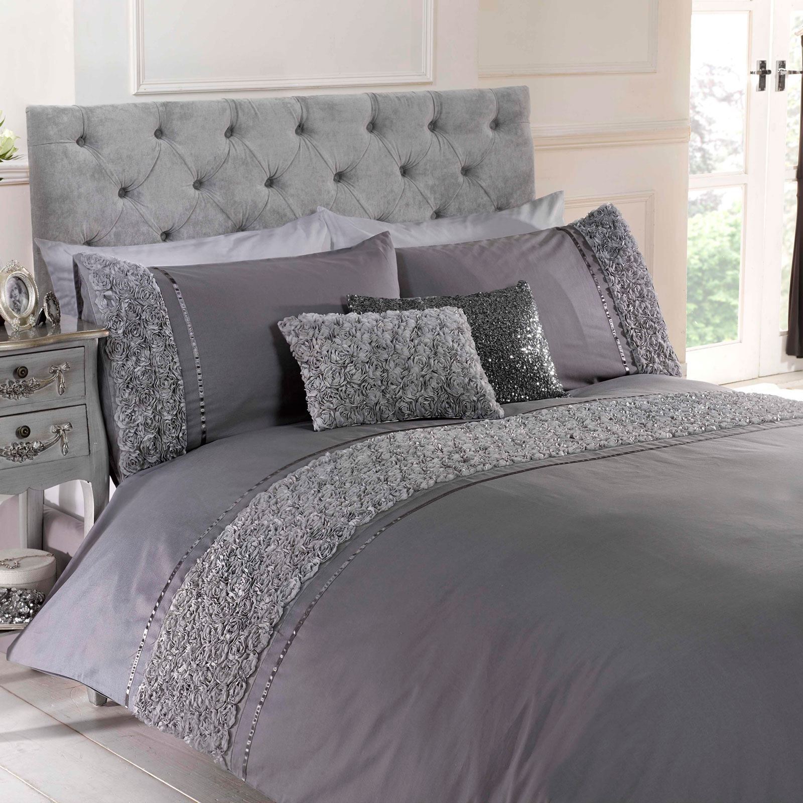 Limoges Rosa Increspato Grigio Completo Copripiumino Matrimoniale Elegante Letto