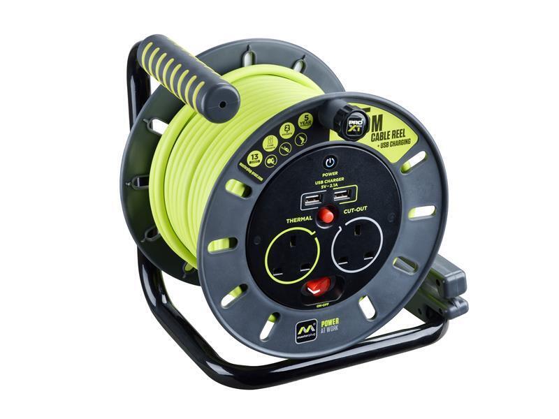 Masterplug pro-Xt Aperto Cavo Rocchetto 240V 13A 2-Socket & 2 USB (2.1A Shared)