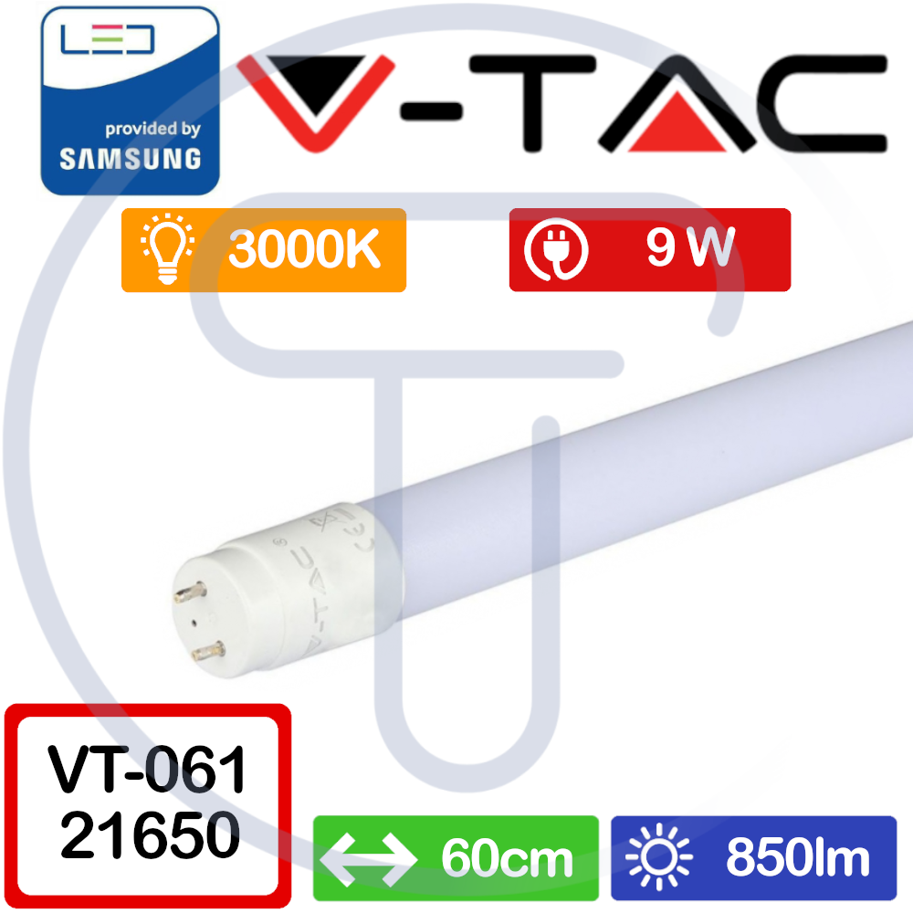 V-TAC PRO VT-061 650 Tubo LED Chip Samsung T8 10W G13 60cm Luce Calda 3000K