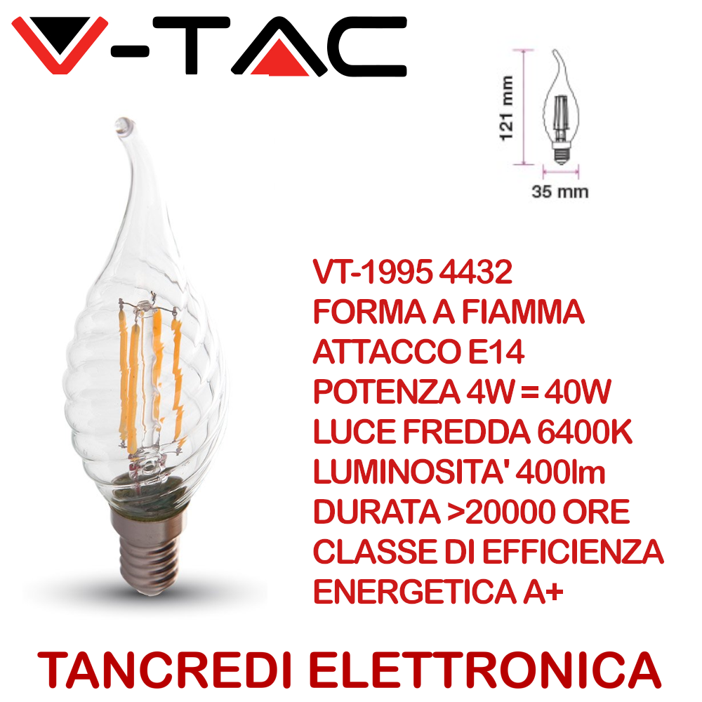 V-TAC VT-1995 Lampadina LED E14 4W Candela Fiamma Tortiglione Filamento 6400K