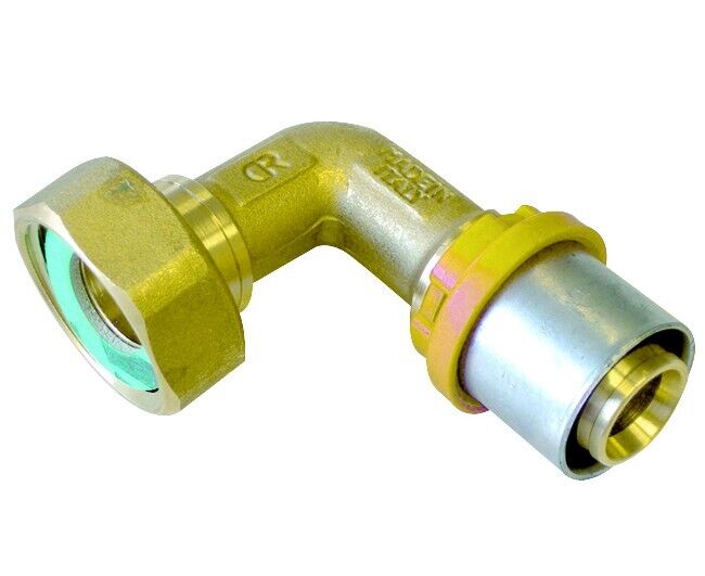 Raccordo a pressare curvo 20 x 3/4" con girello per multistrato per gas tiemme