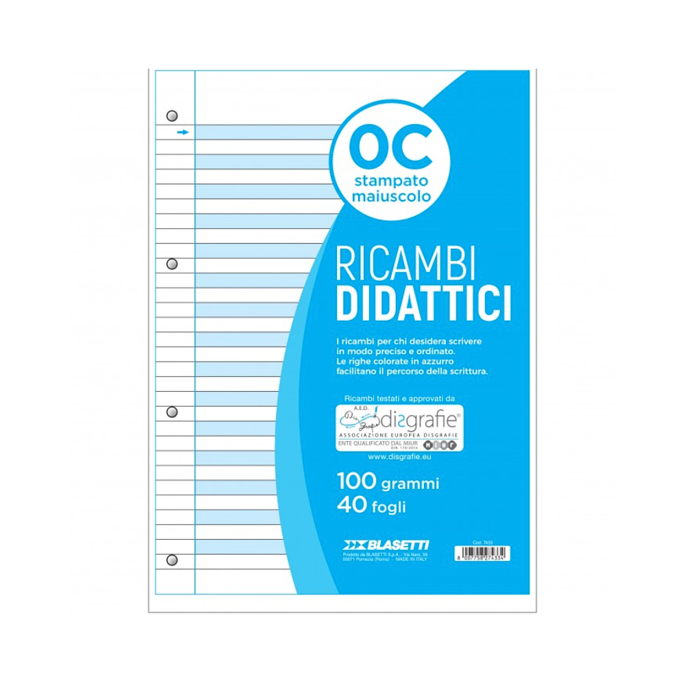 RICAMBIO A4 100GR DIDATTICO PER DISGRAFICI 40 FOGLI RIGATURA C