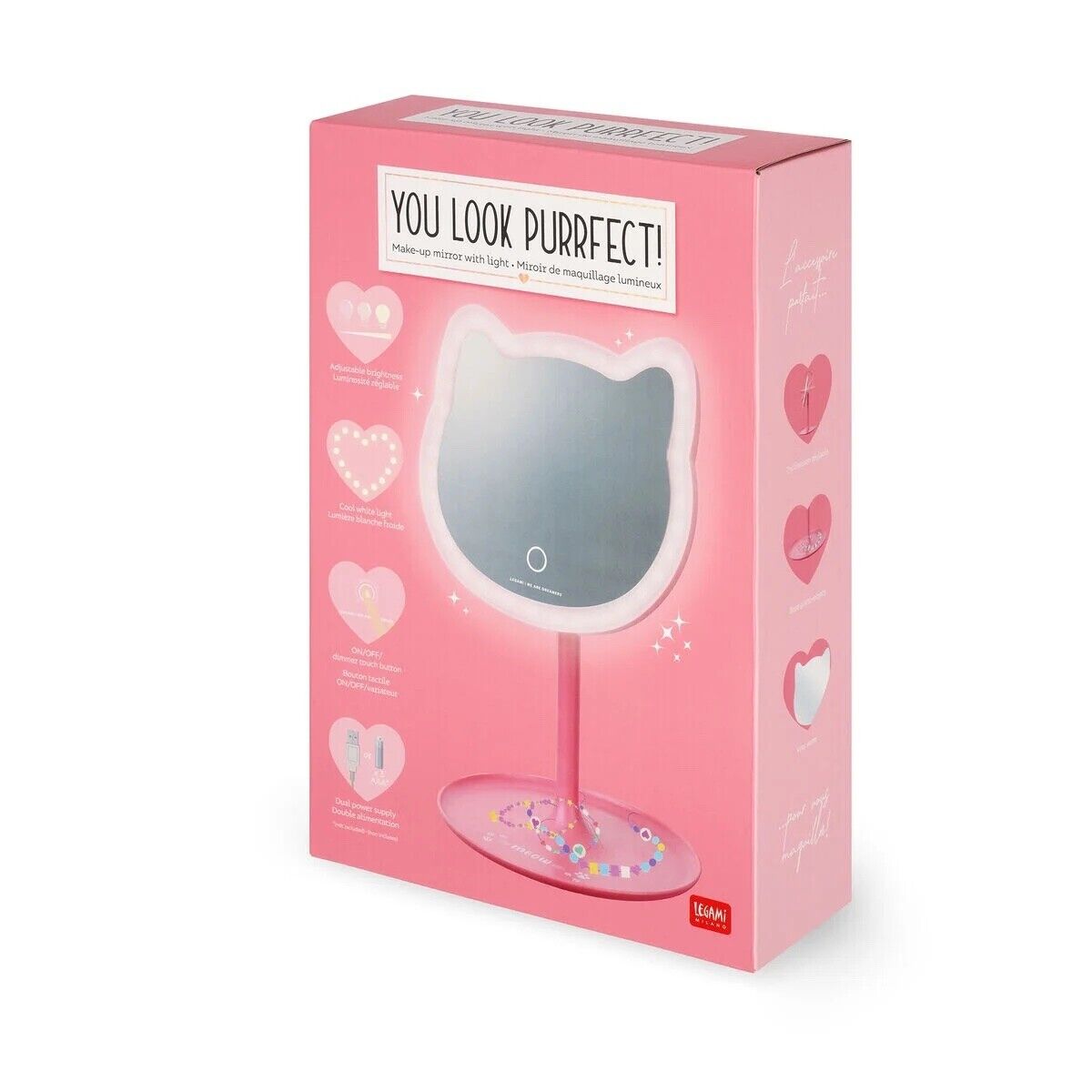 SPECCHIO da trucco CON LUCE you look purrfect LEGAMI gatto ROSA