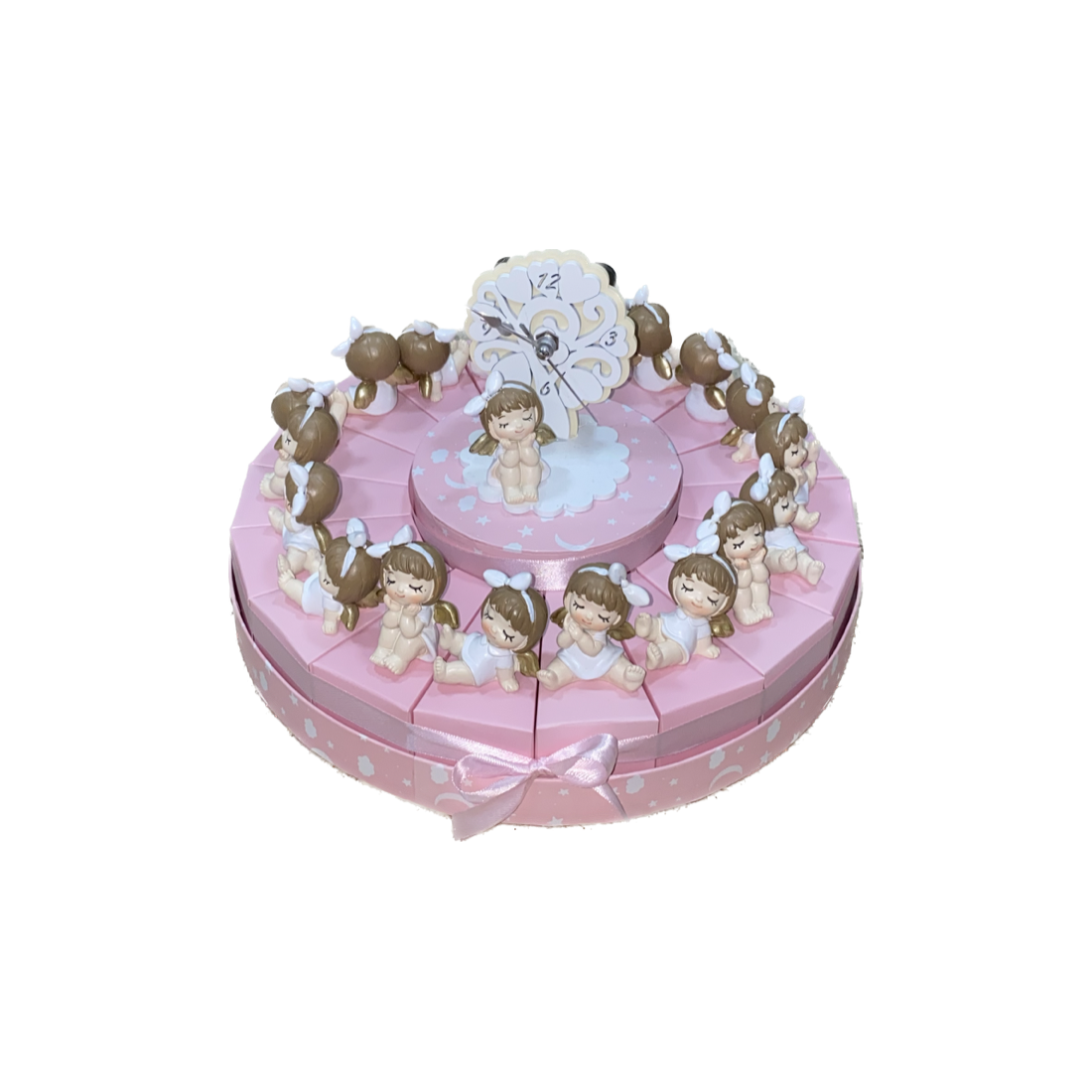 MAXI TORTA NASCITA BIMBA ROSA CON VANO CENTRALE OROLOGIO D.30 CM CON 18 SCATOLIN