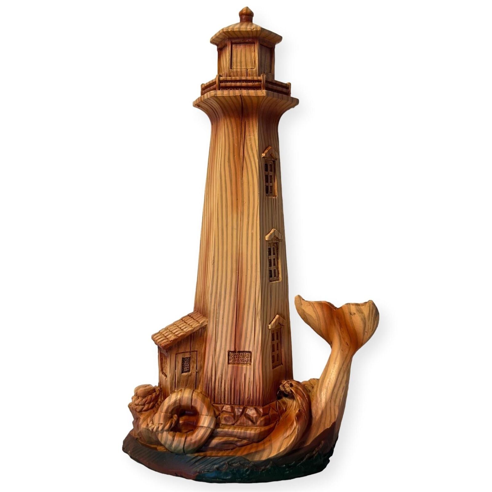 Handcrafted Wood-Effect Lighthouse: Whale Tail Design, 22cm