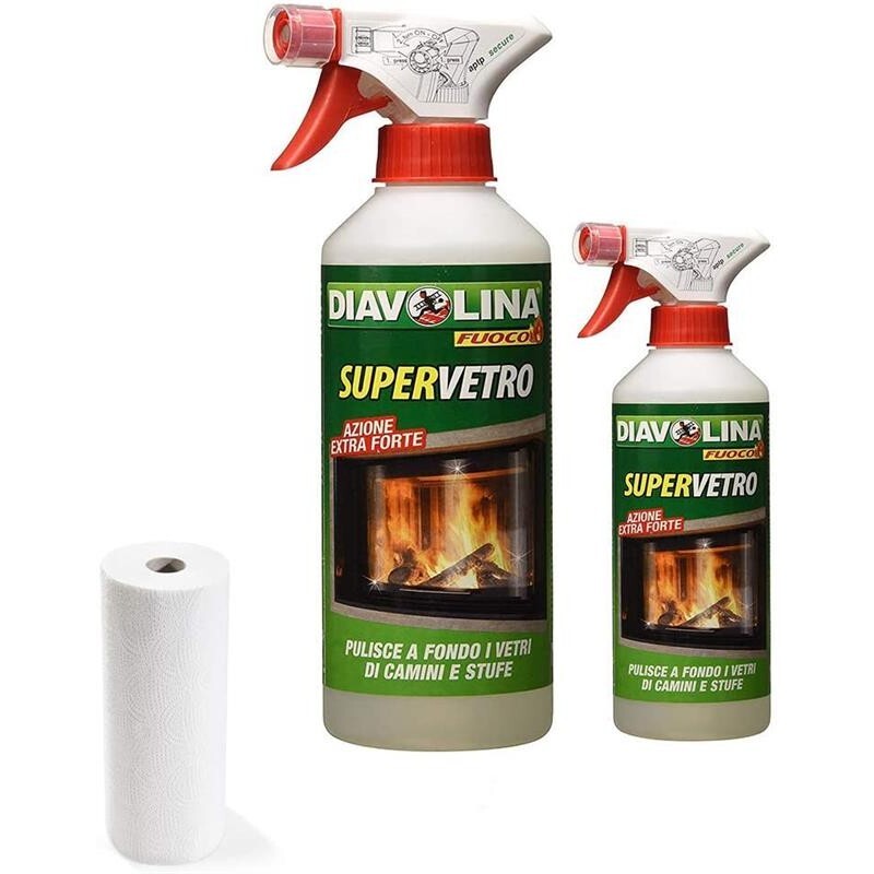 DETERGENTE PER LA PULIZIA VETRI DI CAMINI E STUFE 2 X 500 ML + ROTOLO DI CARTA
