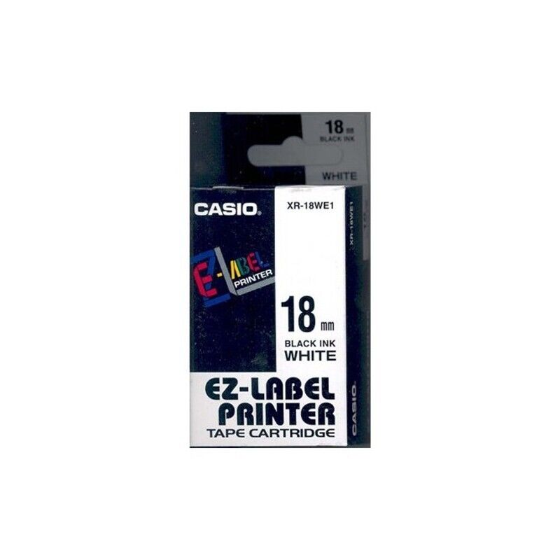 Nastro etichettatrice CASIO da 18 mm. X 8 Mt. NERO su BIANCO XR-18WE