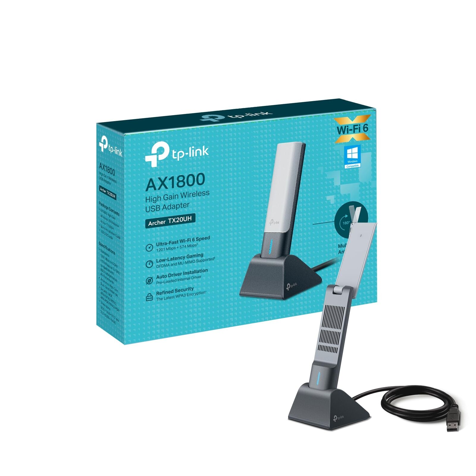 TP-Link Wi-Fi 6 AX1800 High Gain Dual-Band Wireless USB Adapter, 1.2-meter USB 3