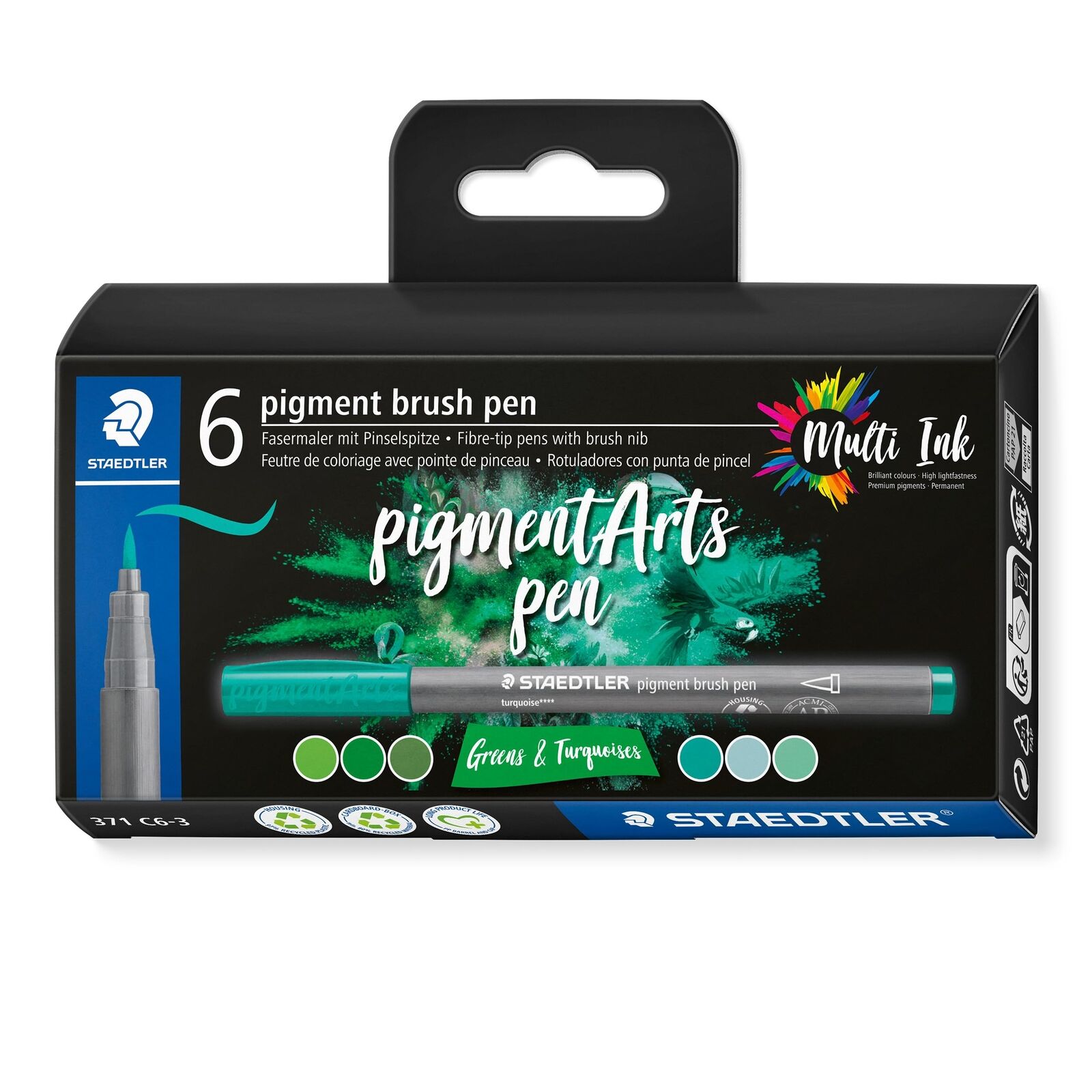 STAEDTLER 371 C6-3 Pigment Arts Brush Pen - Assorted Green & Turquoise Colours (