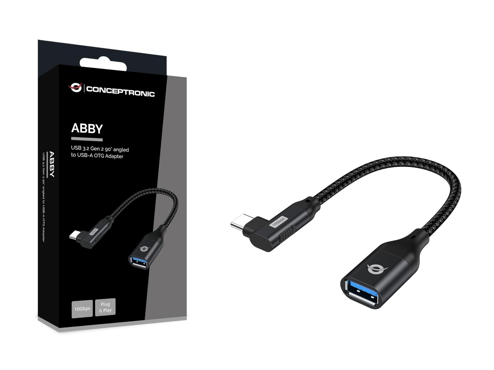 Conceptronic ABBY19B USB-C 90° Angled to USB-A OTG Adapter 10Gbps USB 3.2 Gen 2