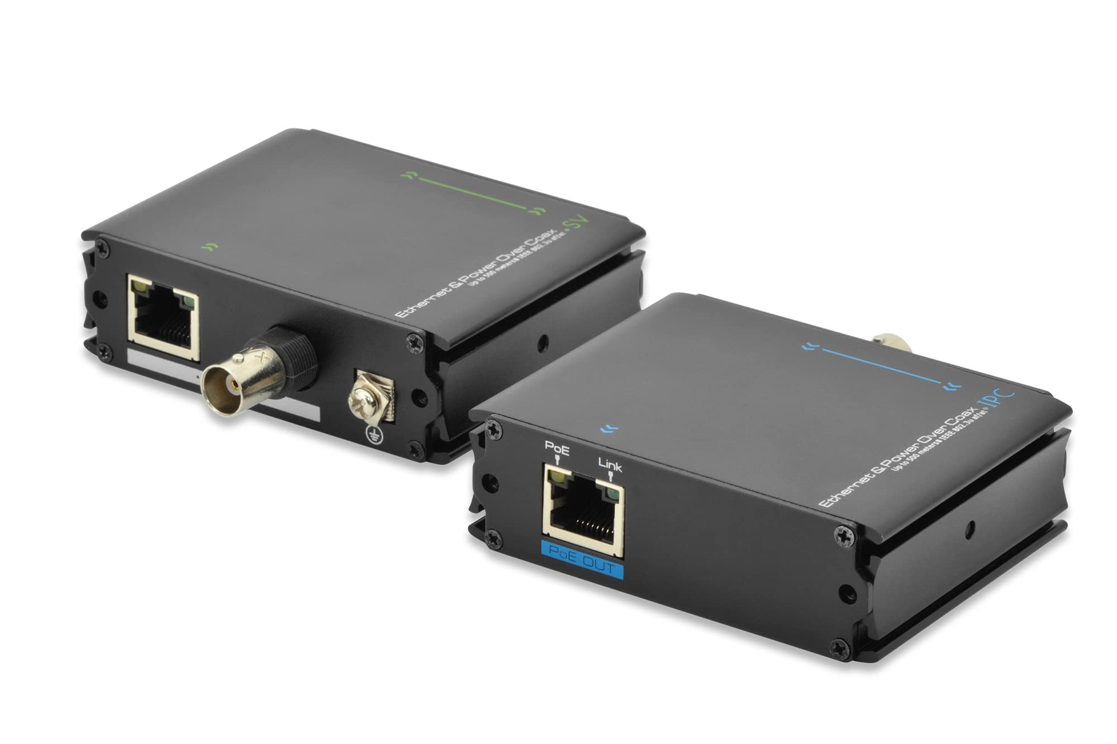 DIGITUS PoE+ Extender Set- Range with RJ45 up to 400m / with Coax up to 500m - F