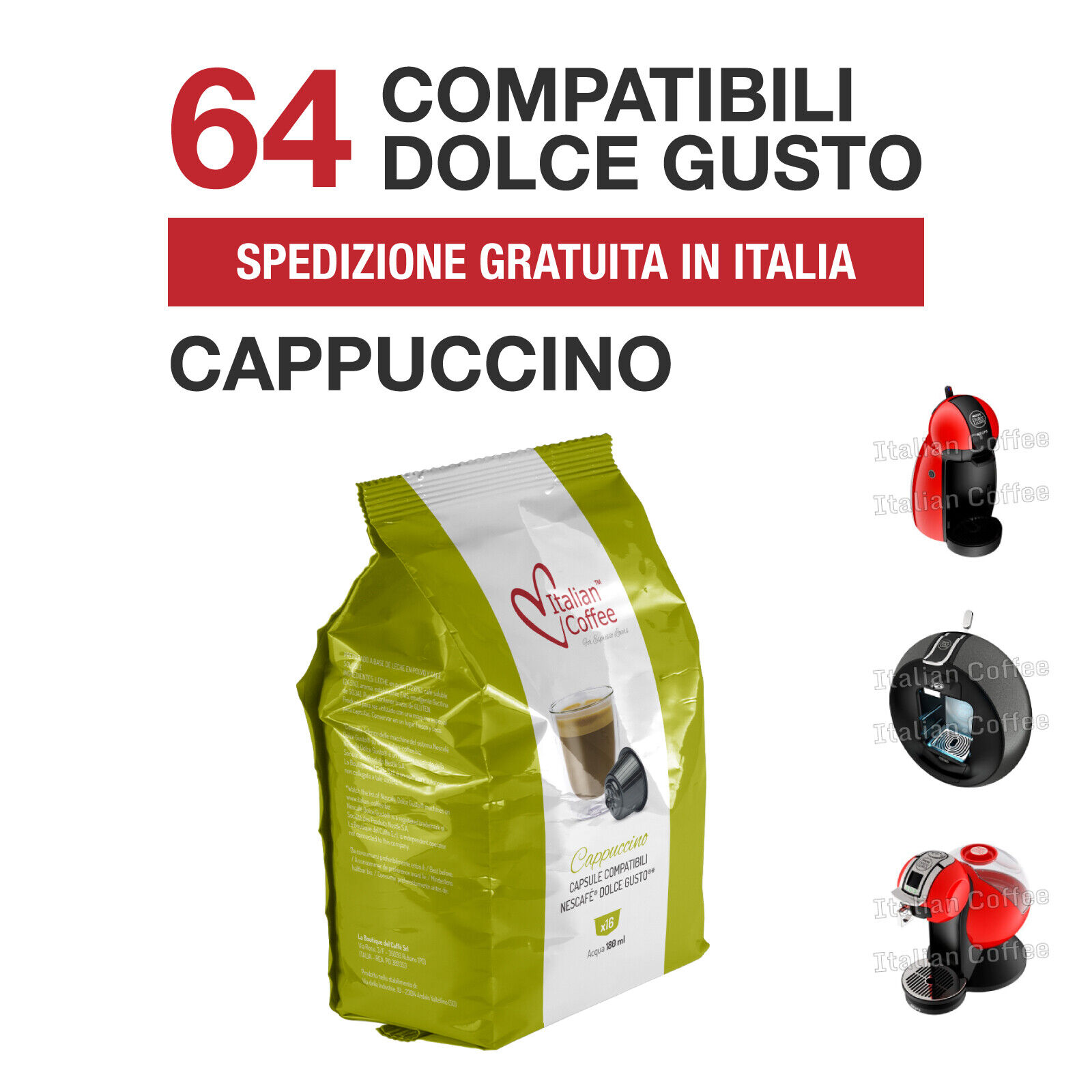 64 Capsule Cialde Cappuccino Italian Coffee compatibili Nescafé Dolce Gusto