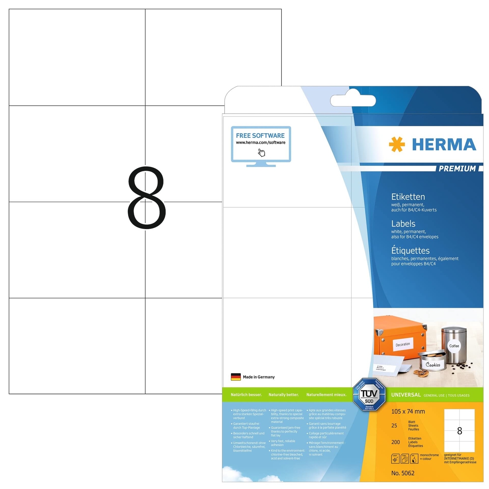 HERMA Self Adhesive Multi-Purpose Labels, 8 Labels Per A4 Sheet, 200 Labels For