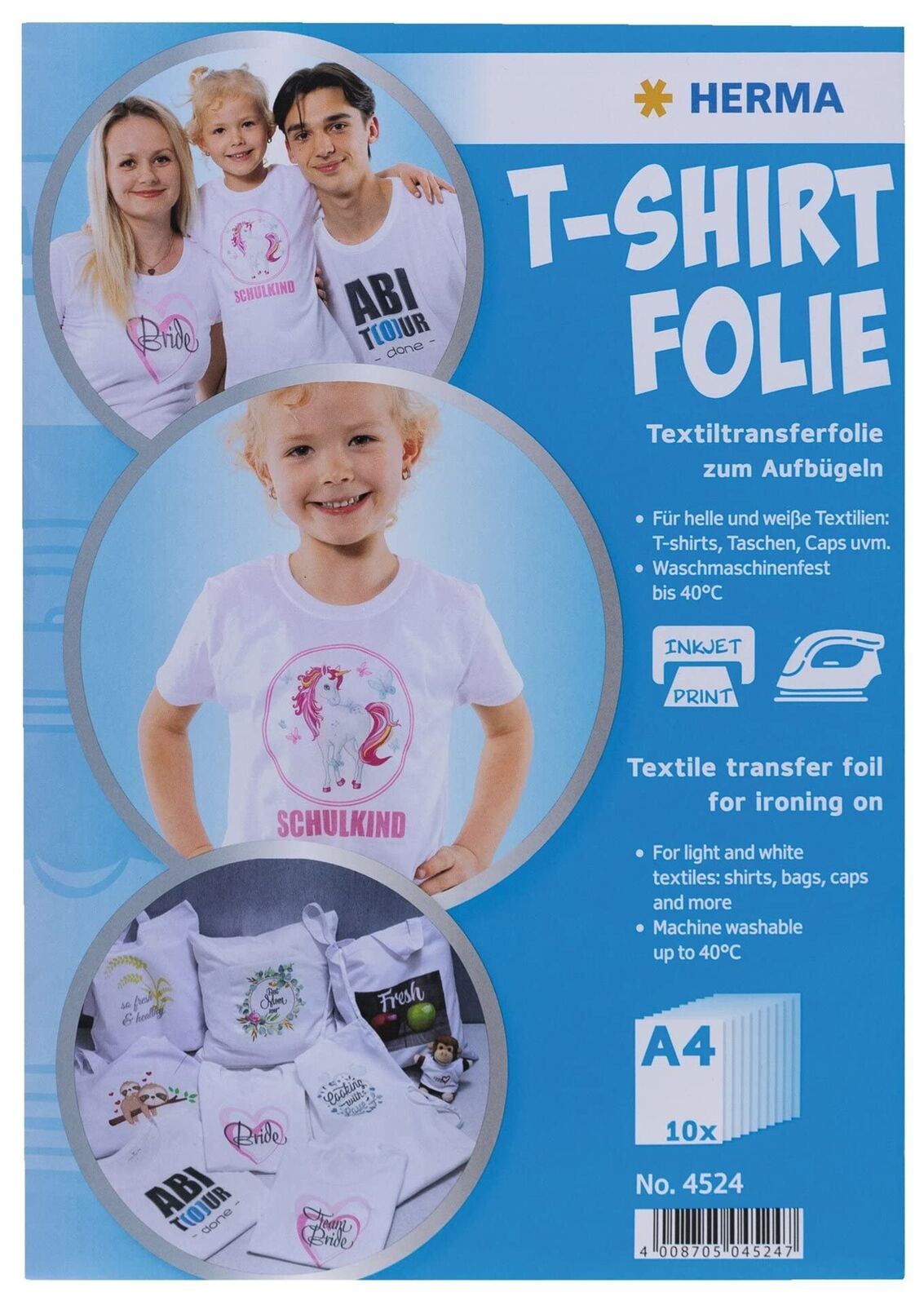 HERMA Inkjet Iron On T Shirt Transfer Paper for White and Light Fabrics, 10 Shee