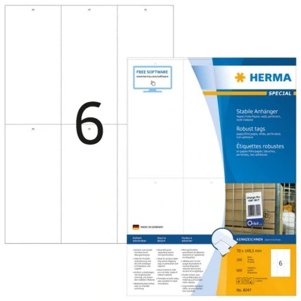 HERMA 8047 Printable Tags, 6 Pieces per A4 Sheet, 100 Sheets, 70 x 148.5 mm, 600