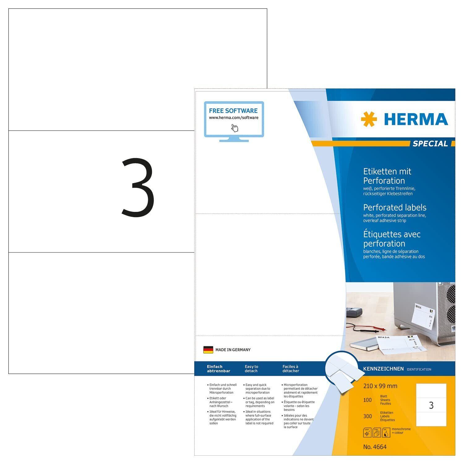 HERMA Self Adhesive Micro-Perforated Labels, 3 Labels Per A4 Sheet, 300 Labels F