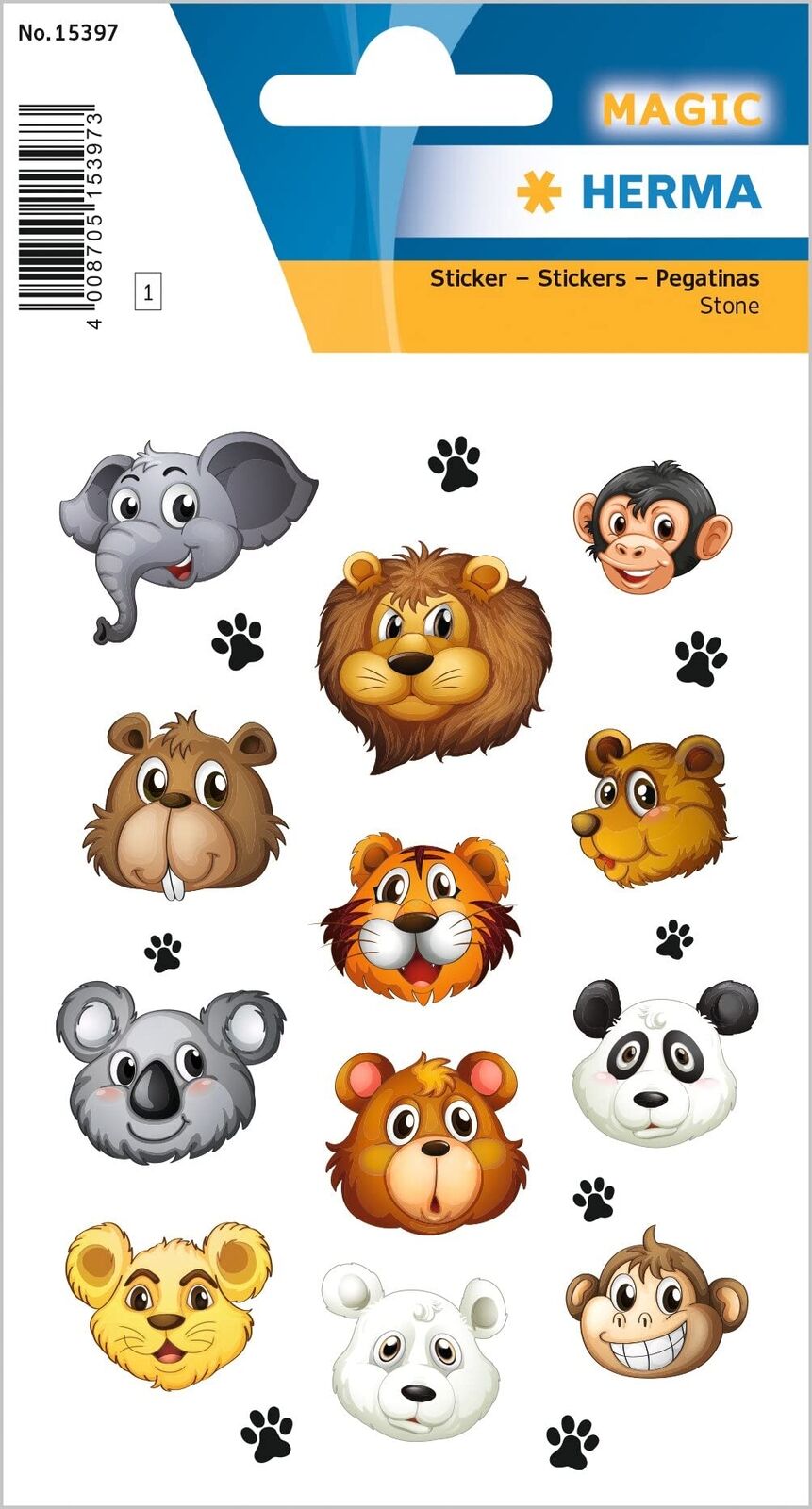 HERMA 15397 Stone Stickers for Children, Animal Faces (20 Stickers, Plastic, Mat