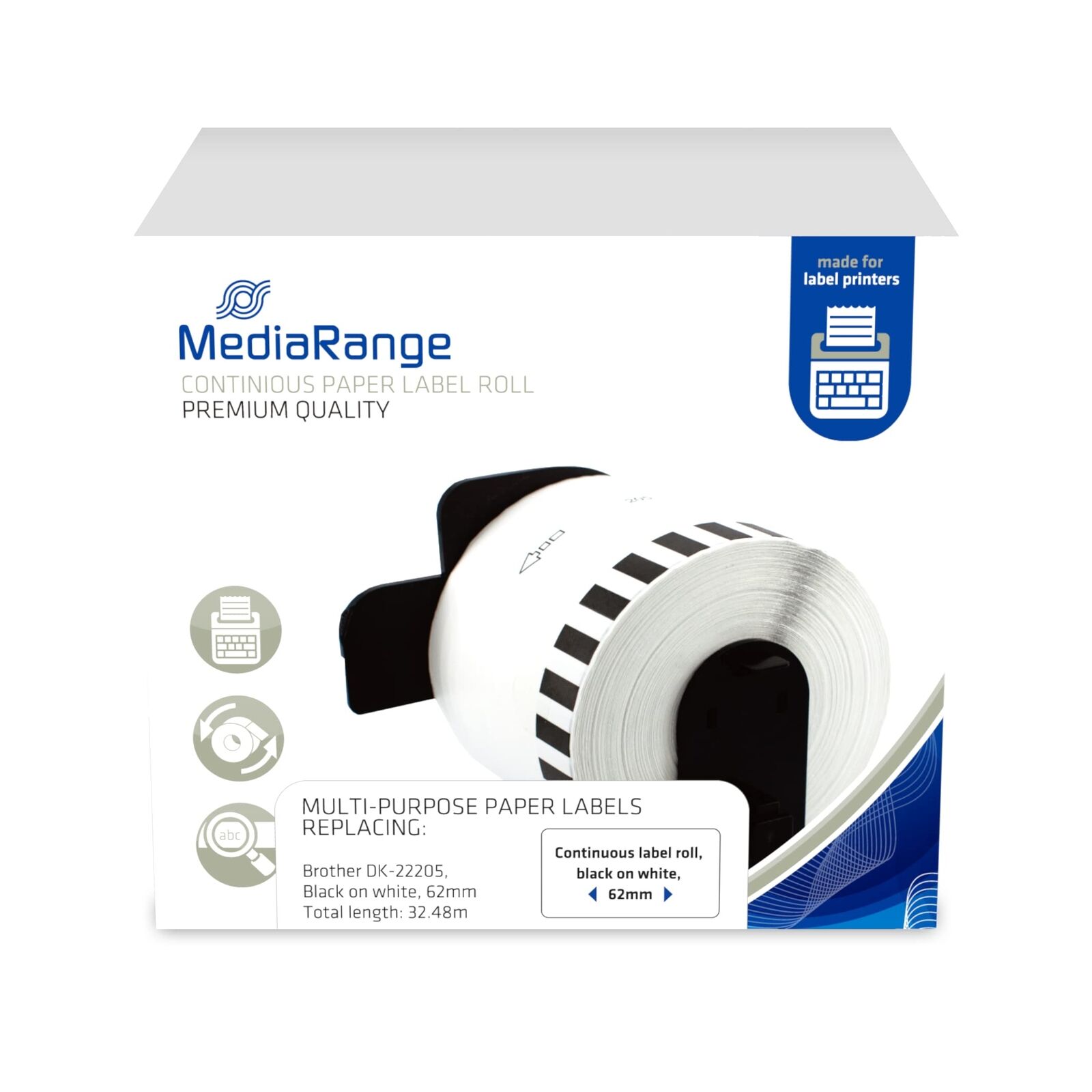 MediaRange Continuous Paper Label for Brother DK-22205 62 mm 30.48 m Black on Wh