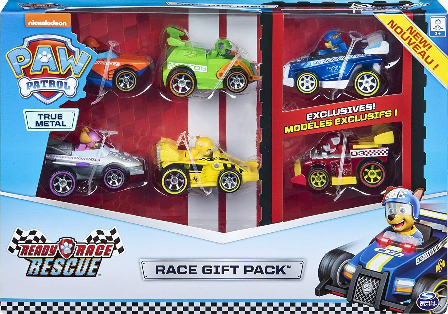 Paw Patrol, Confezione 6 Auto da Corsa Die-Cast True Metal Ready Race Rescue, in