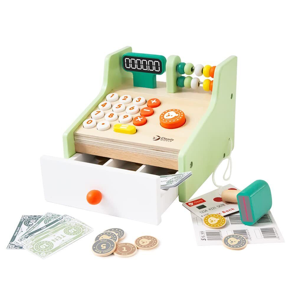 Classic World - Children's Wooden Cash Register Pretend Play Supermarket Shop Ti