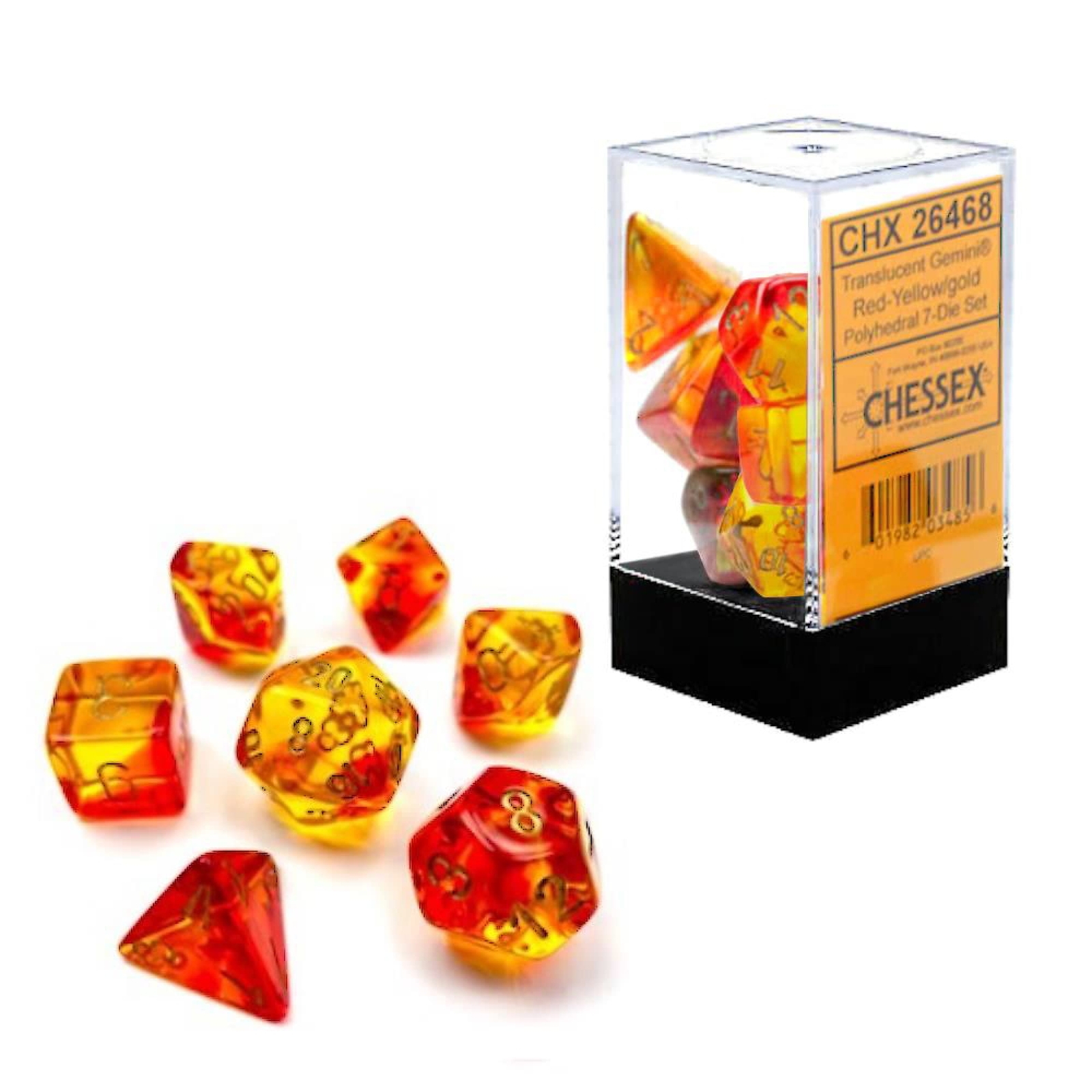 Chessex Gemini Translucent Dice Set 7 Polyhedral Dice Red and Yellow with Gold,