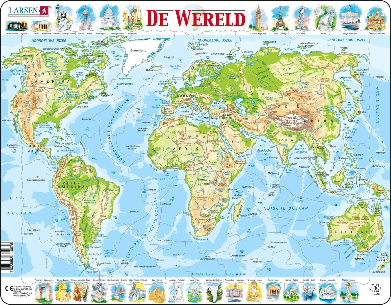 Larsen K4 The World Topographic Jigsaw Puzzle Map Dutch Edition for Children & A