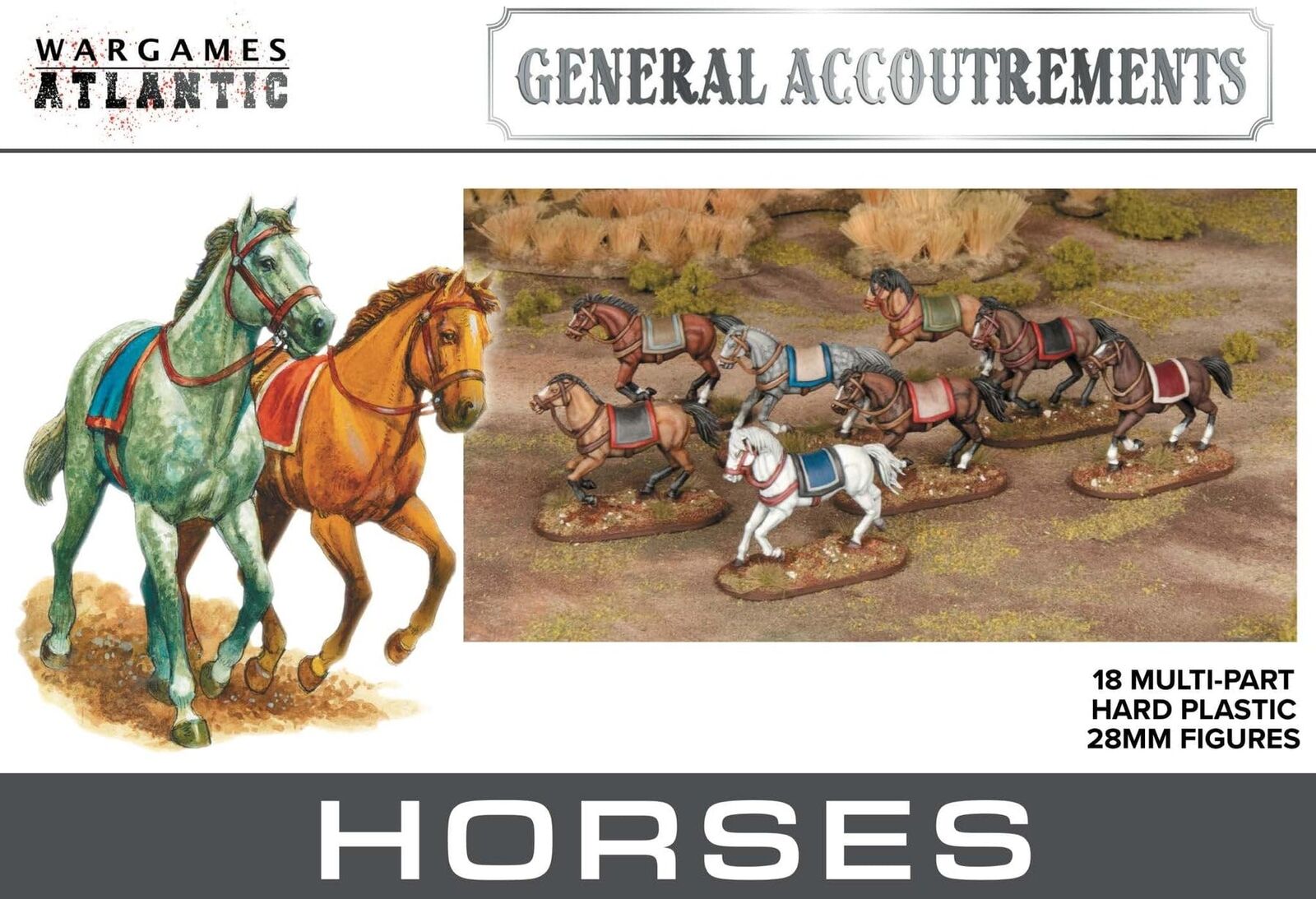 General Accoutrements - Horses (18 Multi Part Hard Plastic 28mm Figures)……