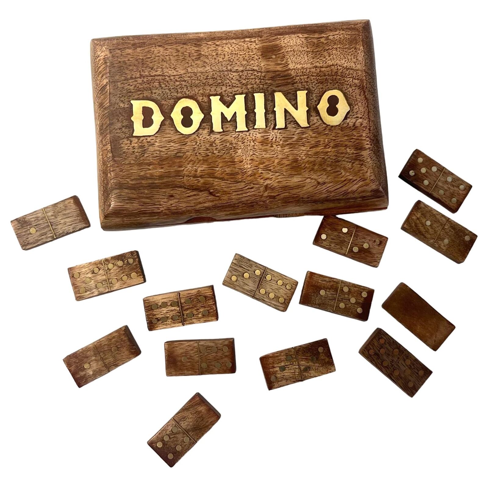 Handcrafted Wooden Domino Set with Brass Inlay & Storage Box, 28 Tiles
