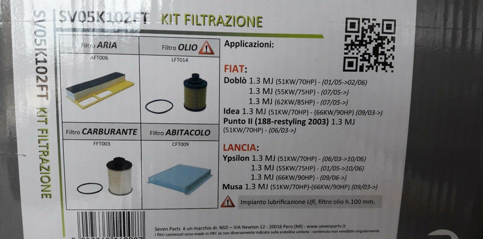 KIT TAGLIANDO 4 FILTRI FIAT PUNTO II 1.3 MJ IMPIANTO LUBRIFICAZIONE UFI