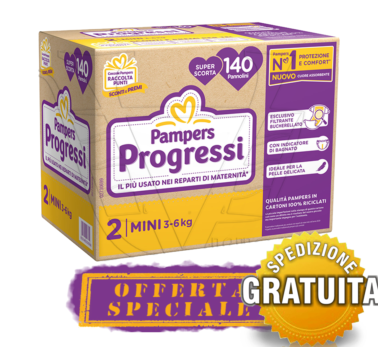 PAMPERS PROGRESSI TAGLIA 2 (3-6 KG) MINI 140 PANNOLINI