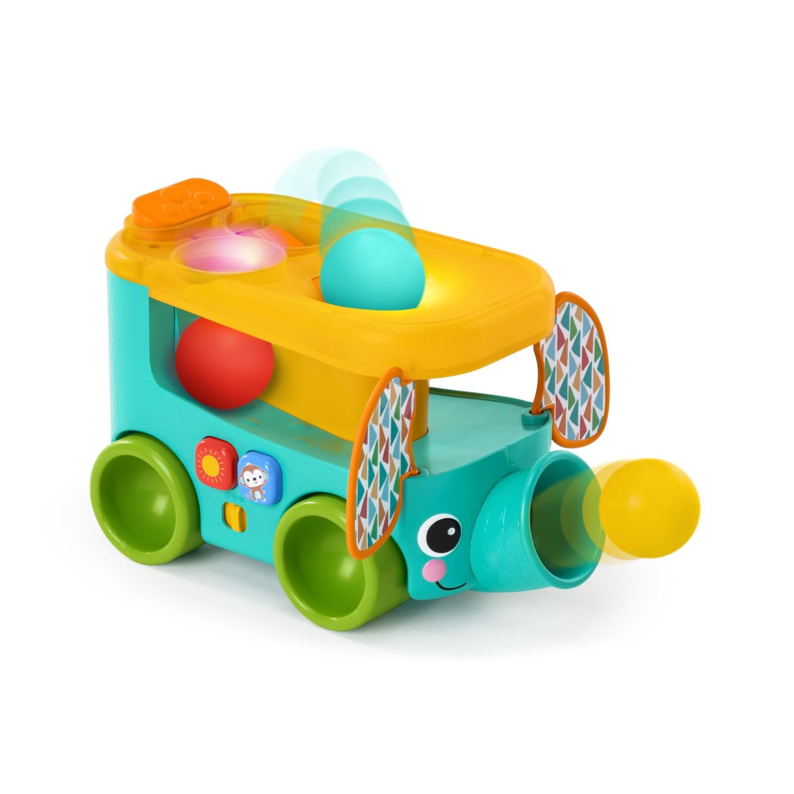 Bright Starts Pop & Roll Safari Bus Ballspeelgoed, olifantenpopper en werper, ba