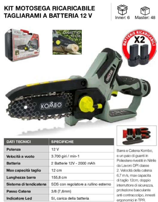 KOMBO | KIT MINI MOTOSEGA DA POTATURA A BATTERIA 12V