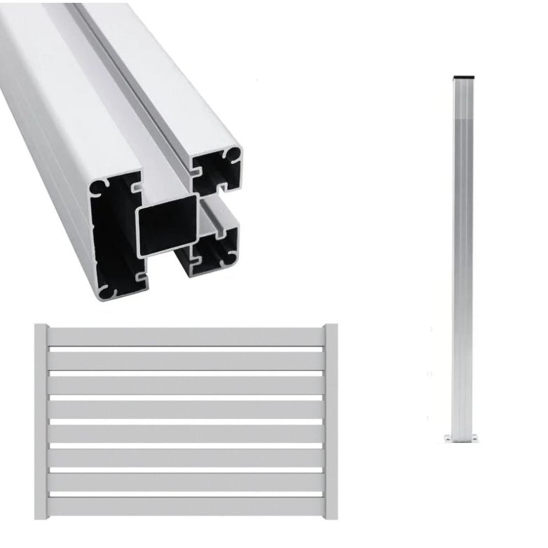 Palo alluminio colore bianco per recinzioni frangivento staccionate sezione 80x80mm h 185cm con piastra di ancoraggio, tappo e profili